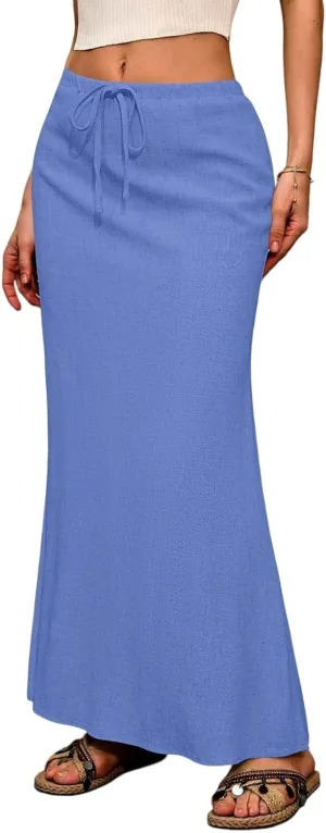 Maxi Skirts for Women Trendy Summer Boho Low Rise Drawstring Cotton Linen Skirts Casual Cute Flowy Long Fishtail Skirt