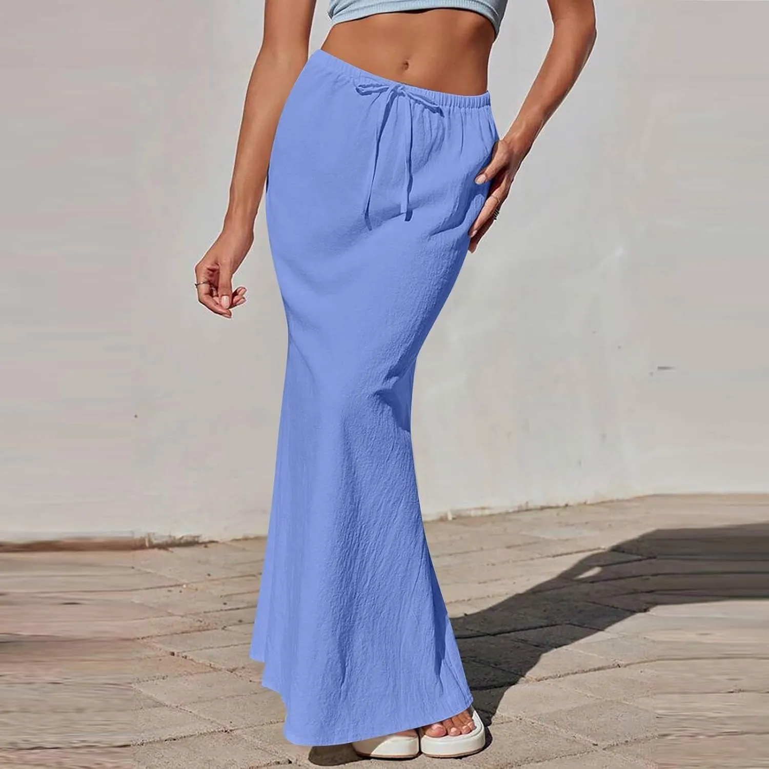 Maxi Skirts for Women Trendy Summer Boho Low Rise Drawstring Cotton Linen Skirts Casual Cute Flowy Long Fishtail Skirt