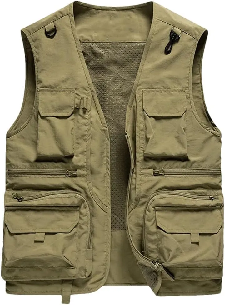 Men Outdoor Casual Vest Solid Breathable Multi-Pocket Photography Fishing Vest Sleeveless Jacket