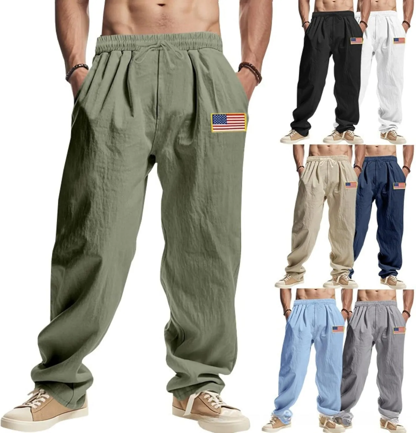 Men Summer Linen Pants USA Flag Splicing Hip Hop Pants Elastic Waist Drawstring Wide Leg Yoga Beach Trousers