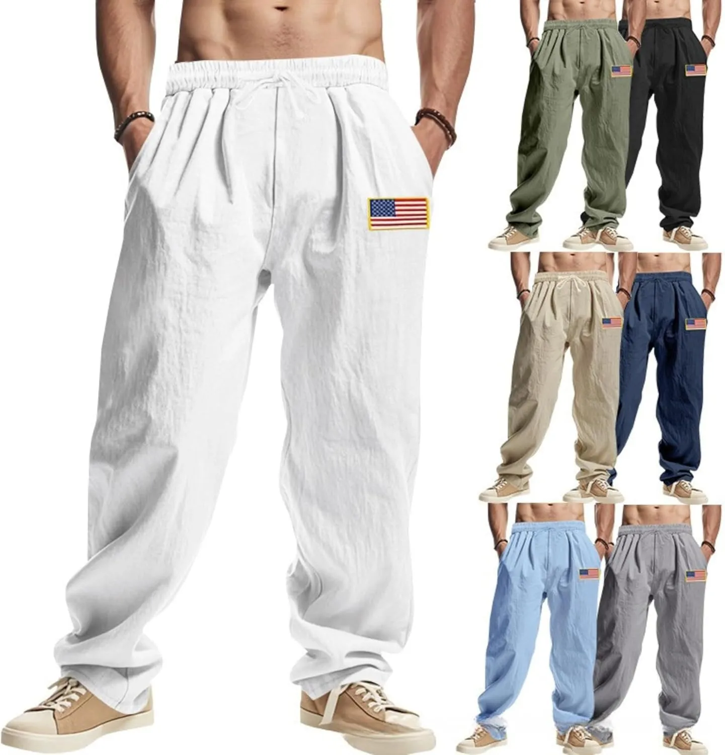 Men Summer Linen Pants USA Flag Splicing Hip Hop Pants Elastic Waist Drawstring Wide Leg Yoga Beach Trousers
