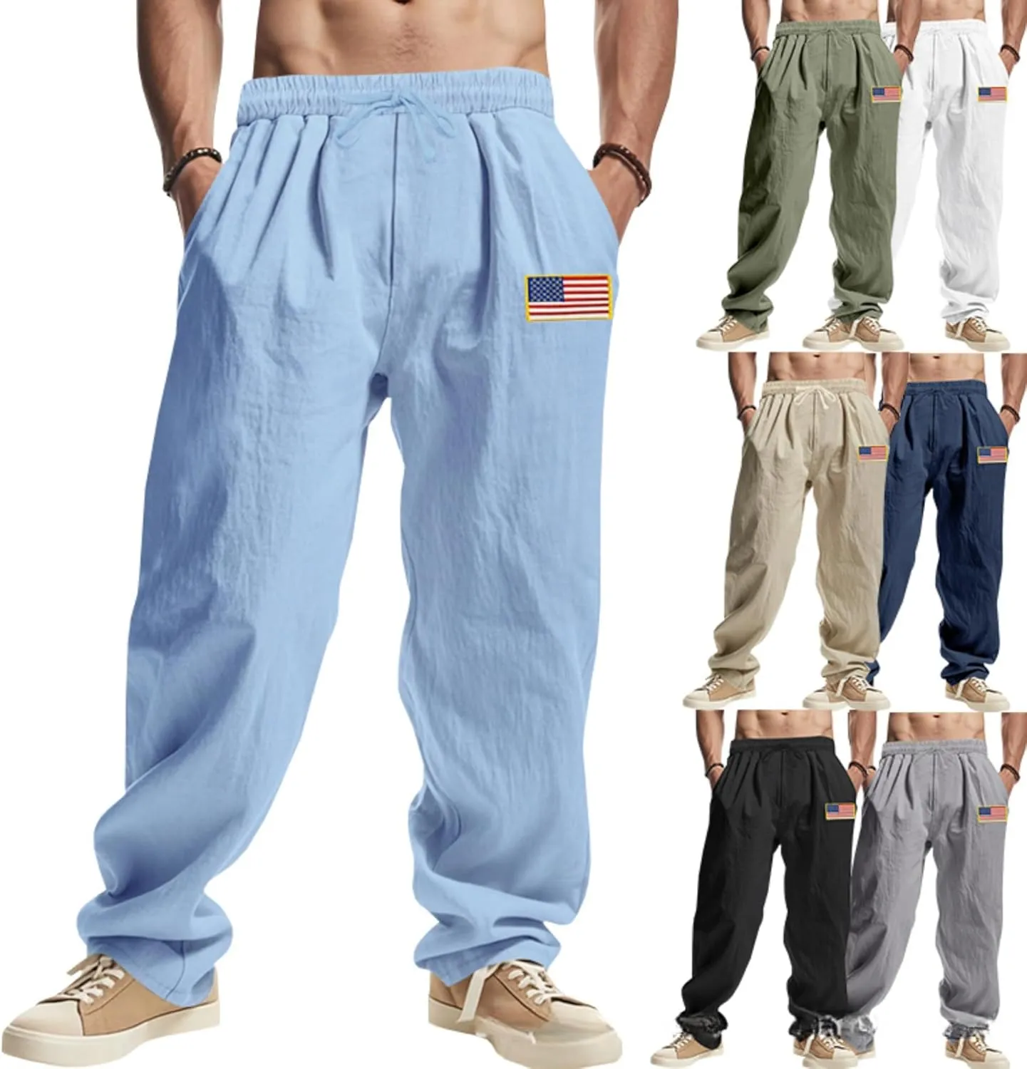 Men Summer Linen Pants USA Flag Splicing Hip Hop Pants Elastic Waist Drawstring Wide Leg Yoga Beach Trousers
