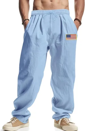 Men Summer Linen Pants USA Flag Splicing Hip Hop Pants Elastic Waist Drawstring Wide Leg Yoga Beach Trousers