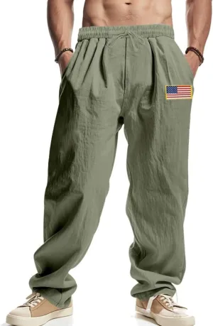 Men Summer Linen Pants USA Flag Splicing Hip Hop Pants Elastic Waist Drawstring Wide Leg Yoga Beach Trousers
