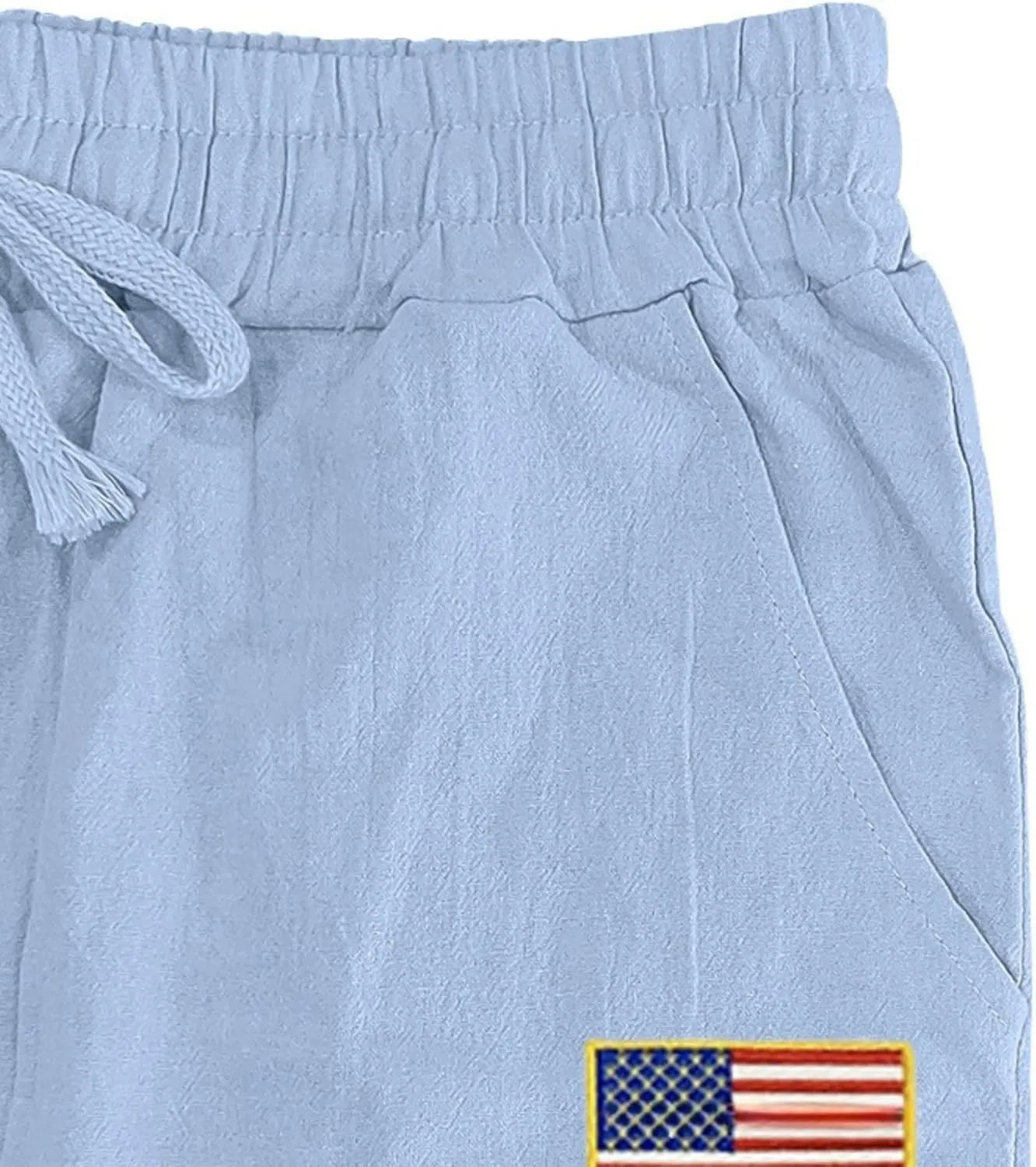 Men Summer Linen Pants USA Flag Splicing Hip Hop Pants Elastic Waist Drawstring Wide Leg Yoga Beach Trousers