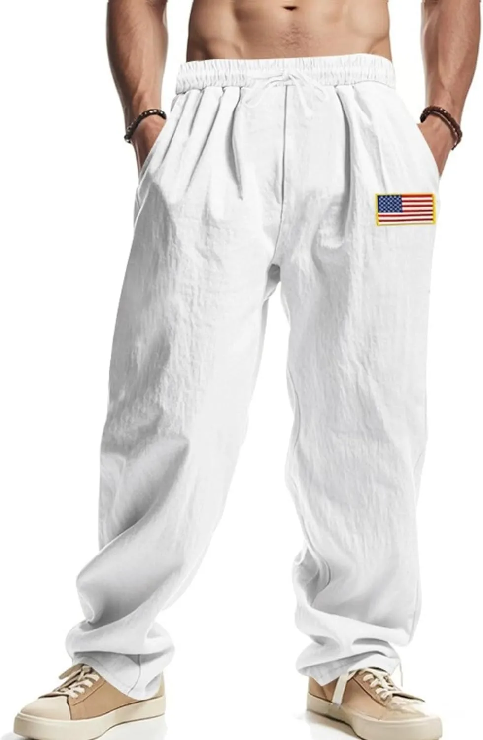 Men Summer Linen Pants USA Flag Splicing Hip Hop Pants Elastic Waist Drawstring Wide Leg Yoga Beach Trousers