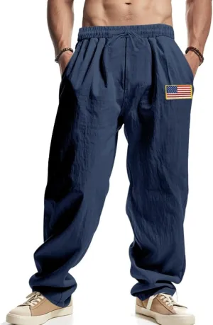 Men Summer Linen Pants USA Flag Splicing Hip Hop Pants Elastic Waist Drawstring Wide Leg Yoga Beach Trousers