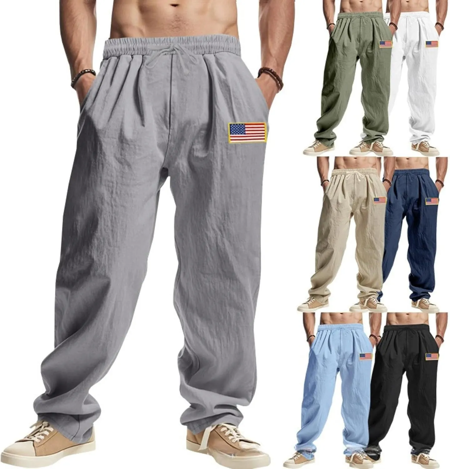 Men Summer Linen Pants USA Flag Splicing Hip Hop Pants Elastic Waist Drawstring Wide Leg Yoga Beach Trousers