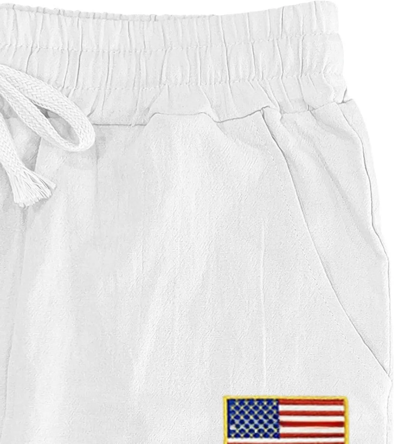 Men Summer Linen Pants USA Flag Splicing Hip Hop Pants Elastic Waist Drawstring Wide Leg Yoga Beach Trousers