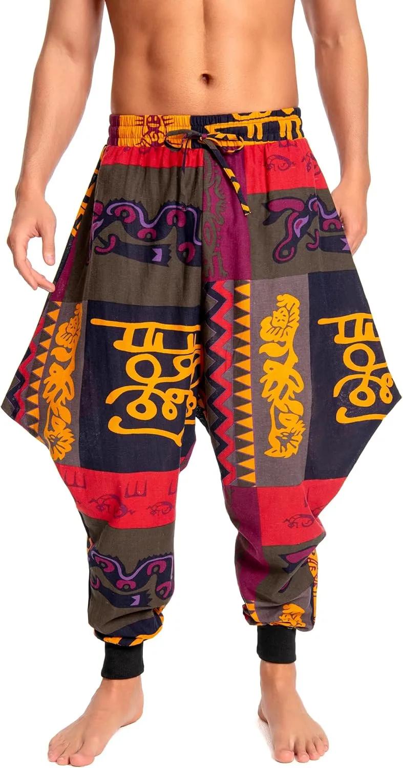 Men's Aladdin Hippie Harem Pants Loose Cotton Linen Drop Crotch Trousers Casual Baggy Elastic Waist Yoga Pants