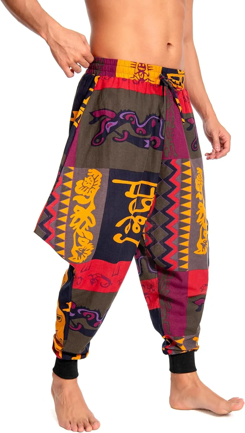 Men's Aladdin Hippie Harem Pants Loose Cotton Linen Drop Crotch Trousers Casual Baggy Elastic Waist Yoga Pants