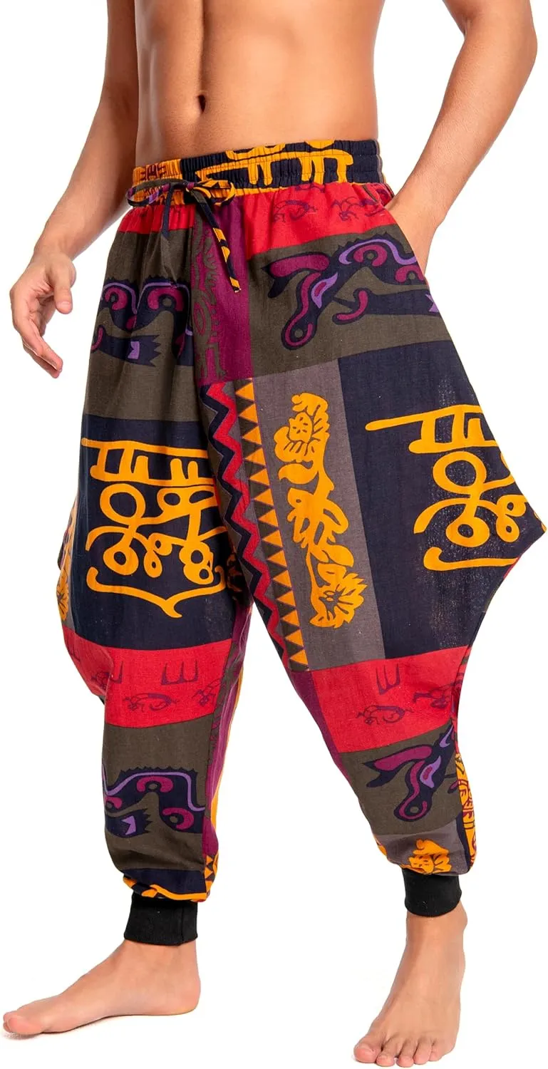 Men's Aladdin Hippie Harem Pants Loose Cotton Linen Drop Crotch Trousers Casual Baggy Elastic Waist Yoga Pants