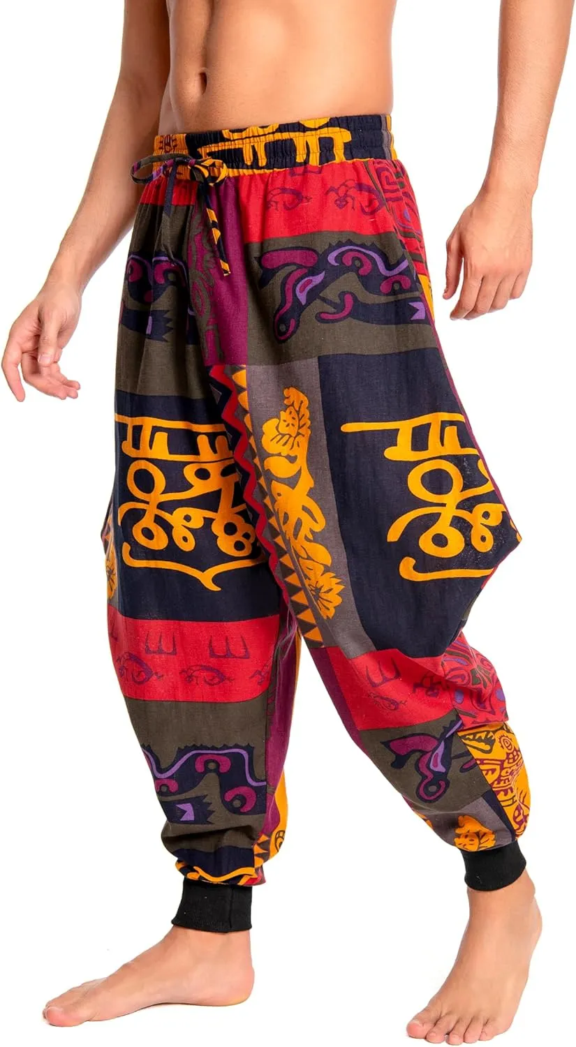 Men's Aladdin Hippie Harem Pants Loose Cotton Linen Drop Crotch Trousers Casual Baggy Elastic Waist Yoga Pants