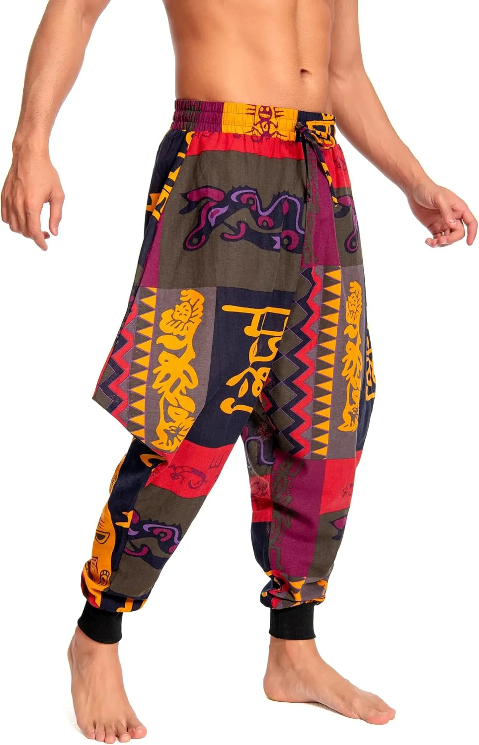 Men's Aladdin Hippie Harem Pants Loose Cotton Linen Drop Crotch Trousers Casual Baggy Elastic Waist Yoga Pants