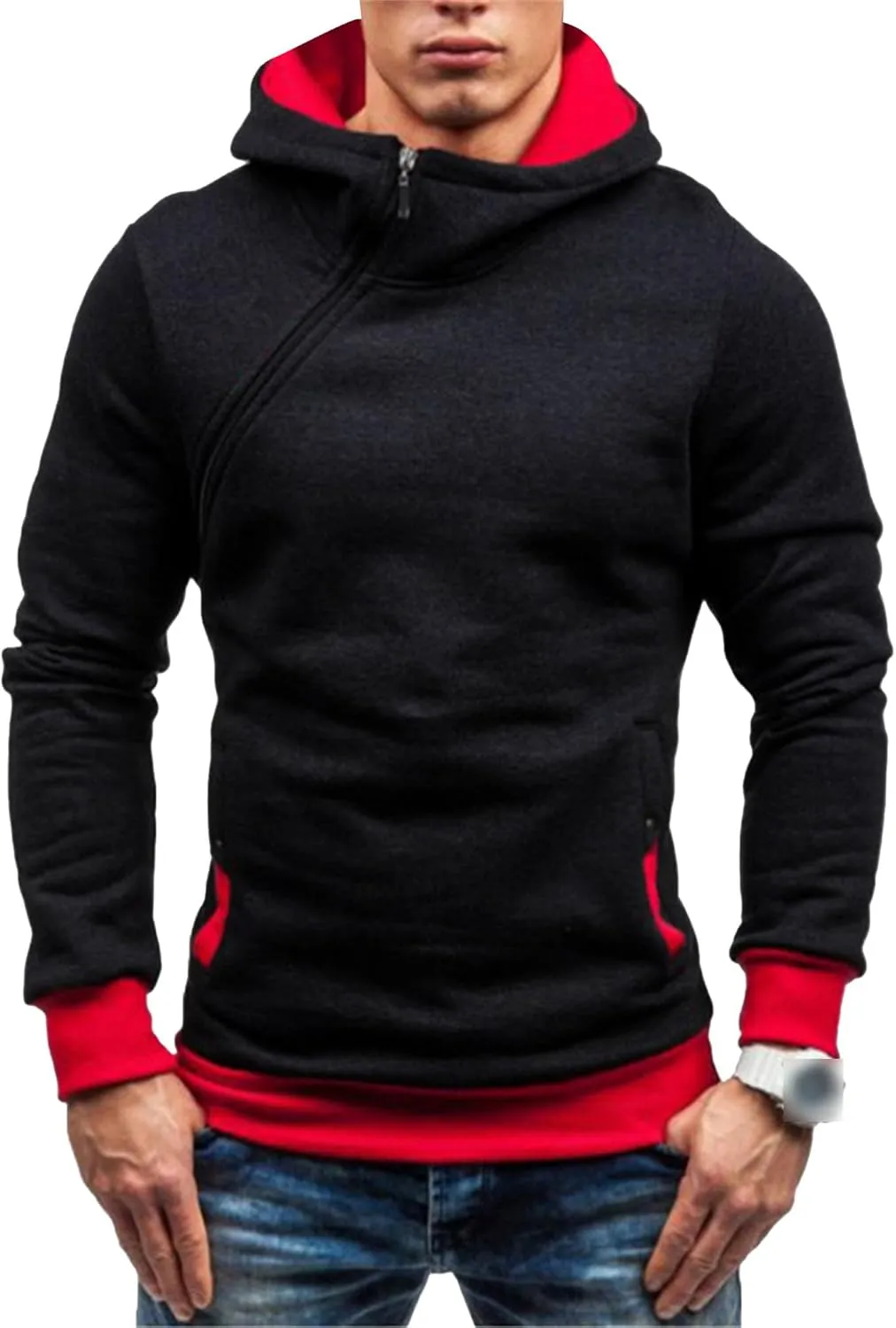 Men's Diagonal Zipper Hoodie Heavyweight Fleece Sweatshirts With Hood Long Sleeve Male Cotton Hoodie
