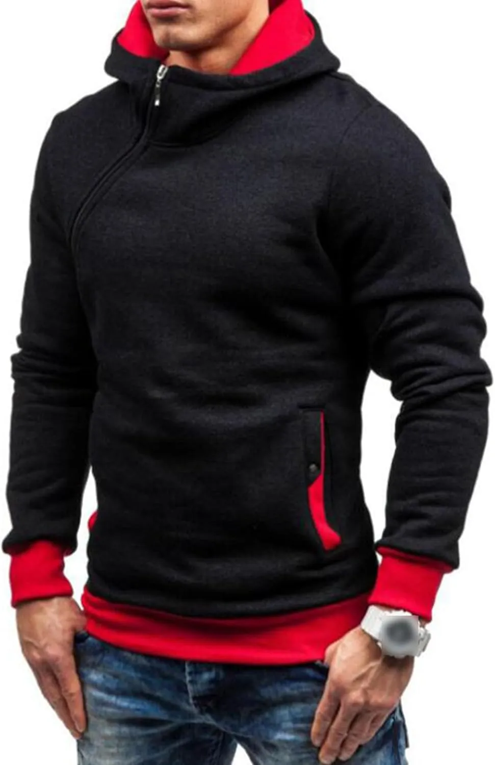 Men's Diagonal Zipper Hoodie Heavyweight Fleece Sweatshirts With Hood Long Sleeve Male Cotton Hoodie