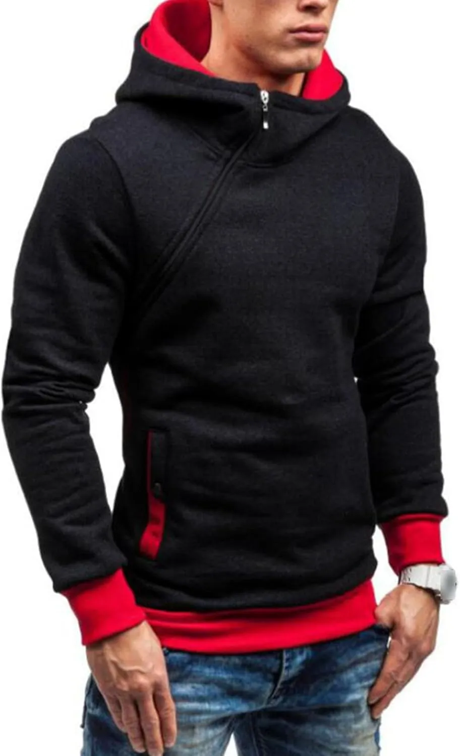 Men's Diagonal Zipper Hoodie Heavyweight Fleece Sweatshirts With Hood Long Sleeve Male Cotton Hoodie
