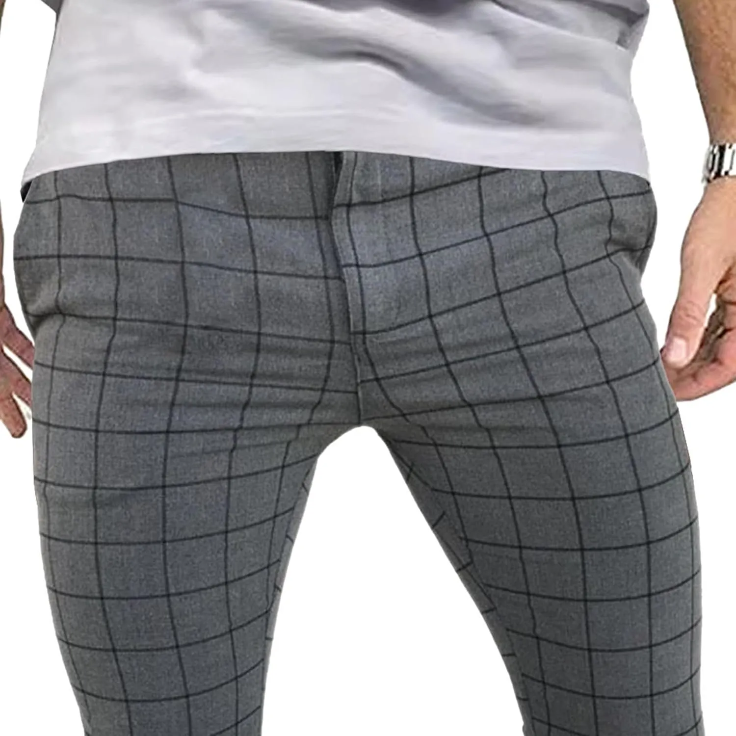 Men's Fashion Stretch Dress Pants Casual Business Golf Pant Trousers Slim Fit Plaid Skinny Long Pants