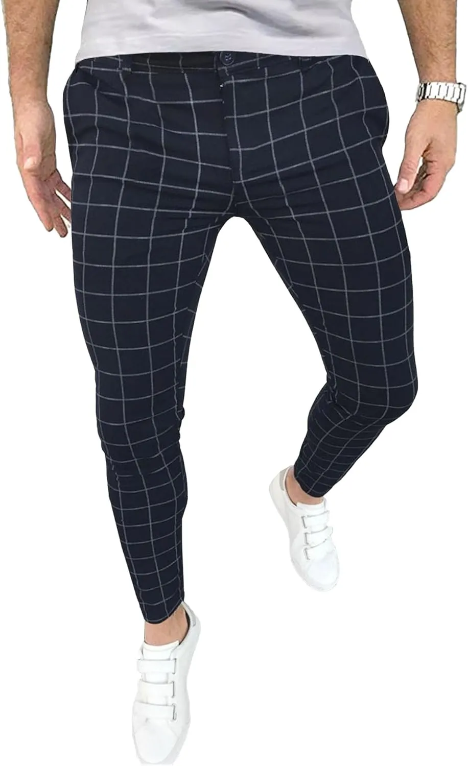 Men's Fashion Stretch Dress Pants Casual Business Golf Pant Trousers Slim Fit Plaid Skinny Long Pants