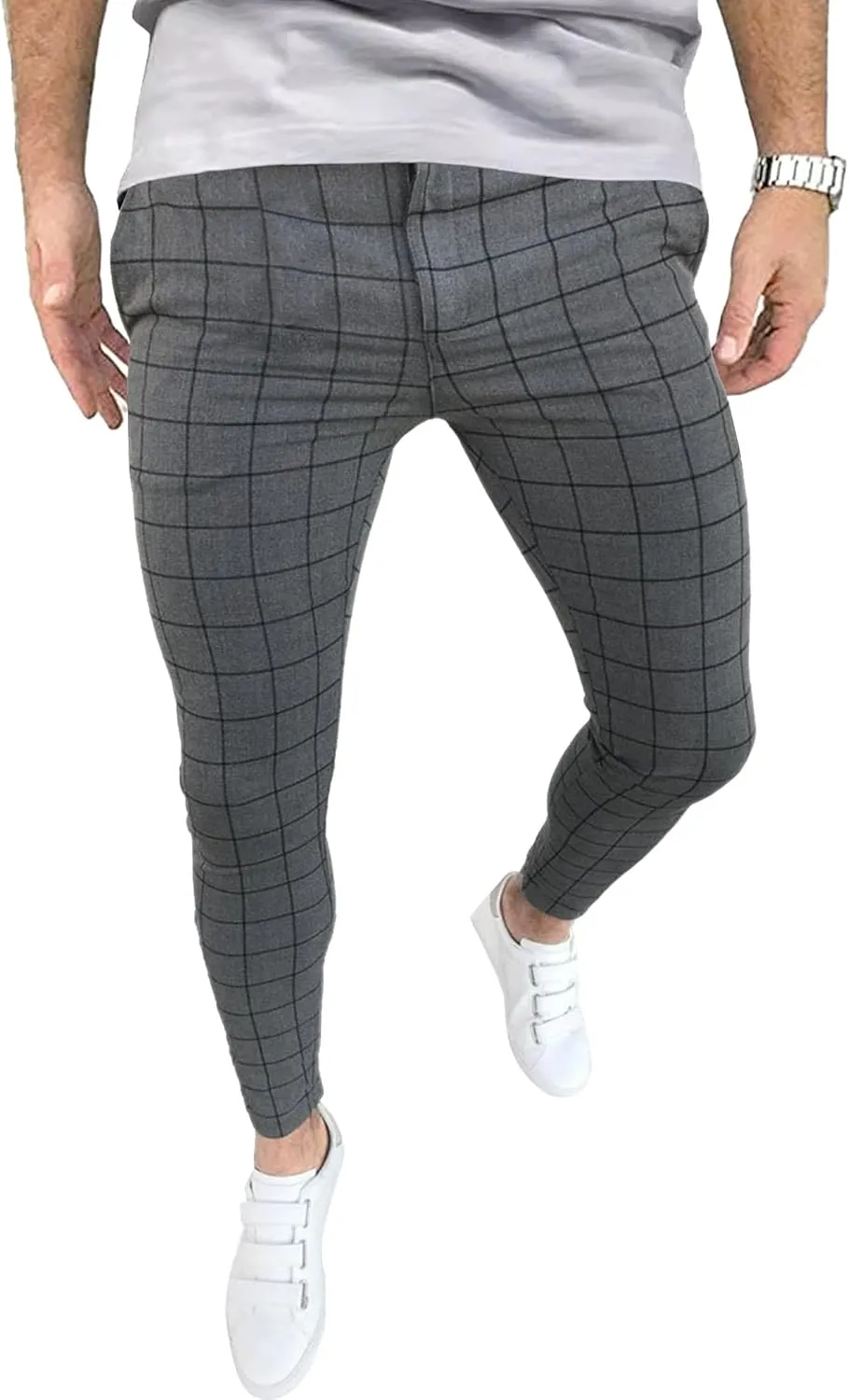 Men's Fashion Stretch Dress Pants Casual Business Golf Pant Trousers Slim Fit Plaid Skinny Long Pants
