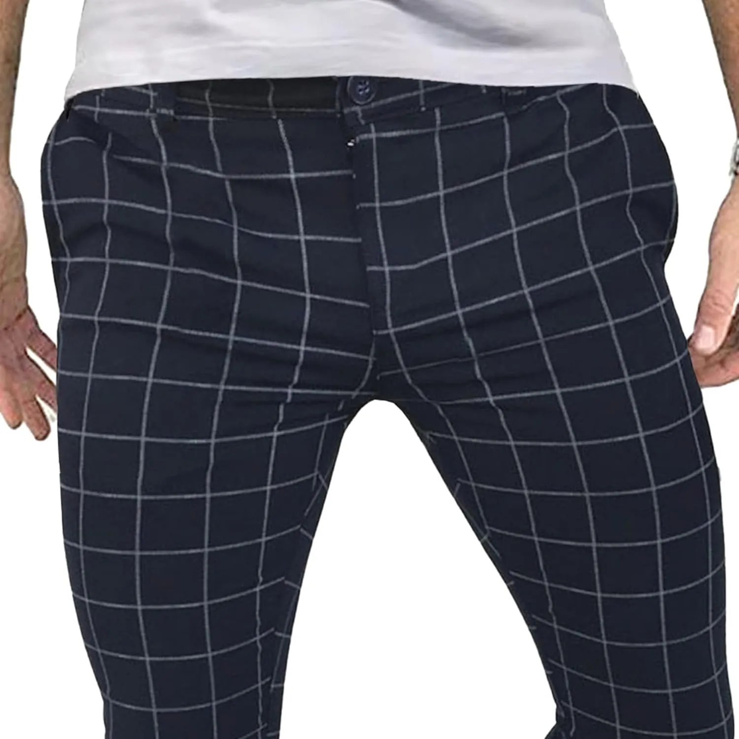 Men's Fashion Stretch Dress Pants Casual Business Golf Pant Trousers Slim Fit Plaid Skinny Long Pants