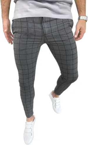 Men's Fashion Stretch Dress Pants Casual Business Golf Pant Trousers Slim Fit Plaid Skinny Long Pants