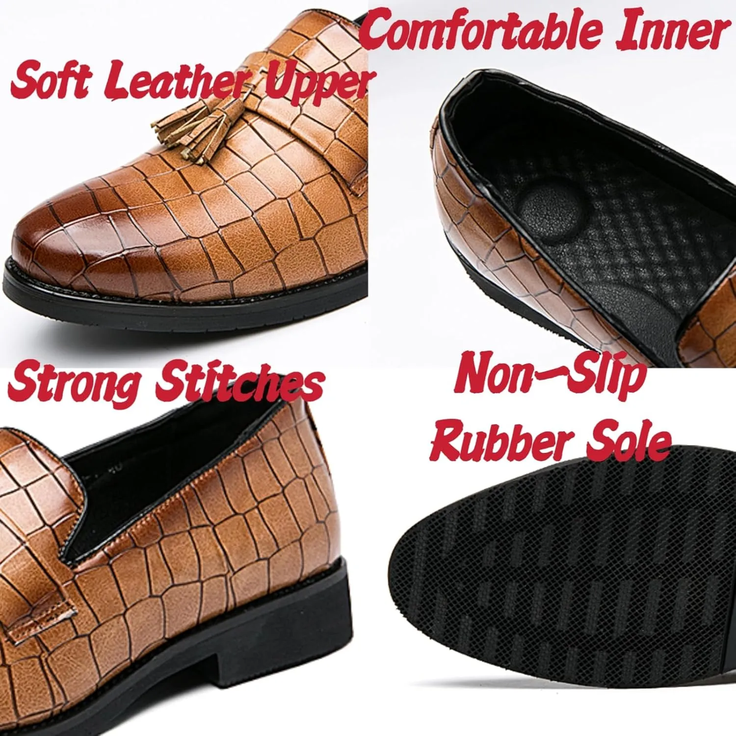 Mens Gradient Color Stone Grain Slip-On Dress Loafers with Tassels Classic Leather Luxury Penny Shoes for Weeding Official Party