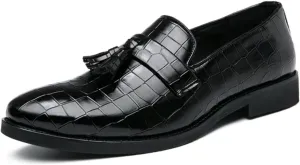 Mens Gradient Color Stone Grain Slip-On Dress Loafers with Tassels Classic Leather Luxury Penny Shoes for Weeding Official Party