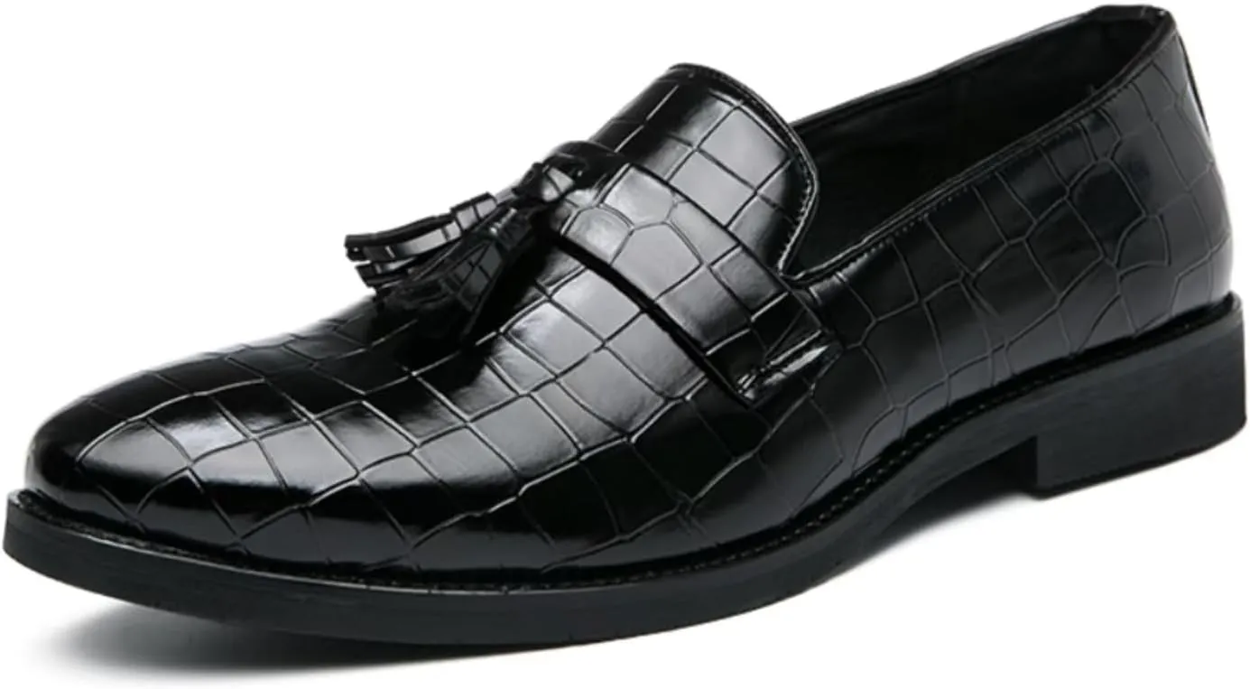 Mens Gradient Color Stone Grain Slip-On Dress Loafers with Tassels Classic Leather Luxury Penny Shoes for Weeding Official Party