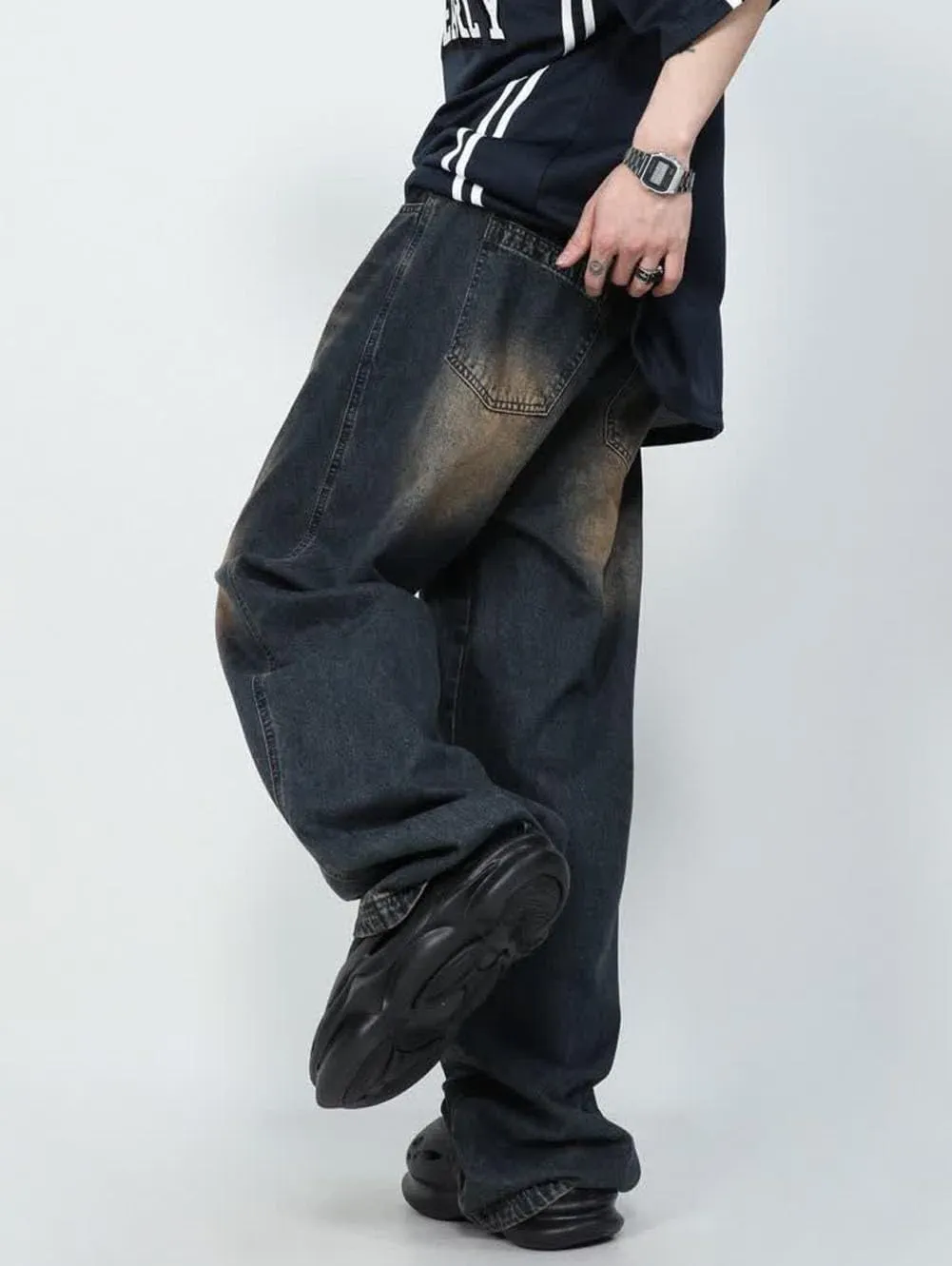 Mens Jeans Straight Leg Relaxed Fit Washed Trendy Y2K Hip Hop Going Out Denim Pants