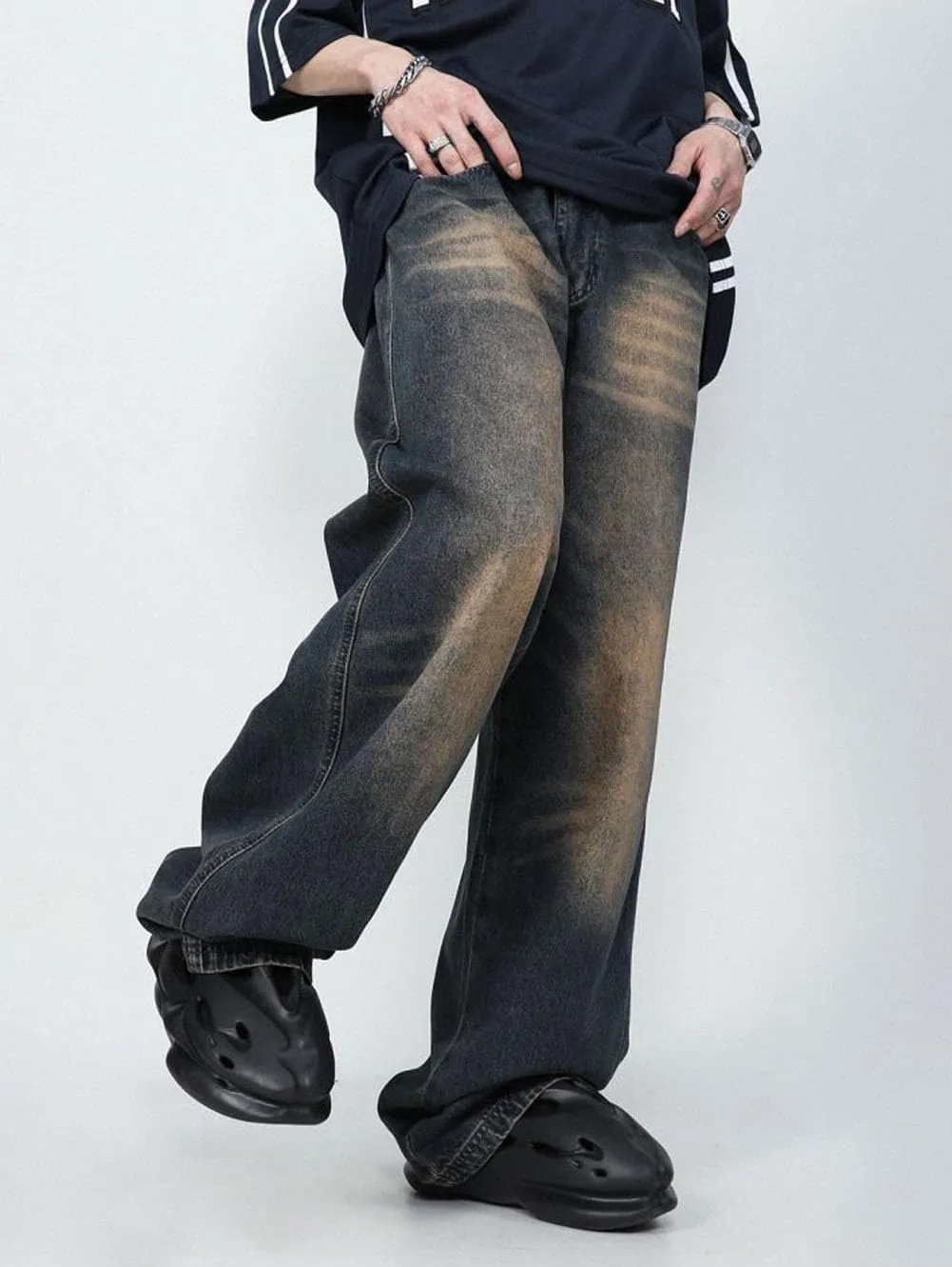 Mens Jeans Straight Leg Relaxed Fit Washed Trendy Y2K Hip Hop Going Out Denim Pants