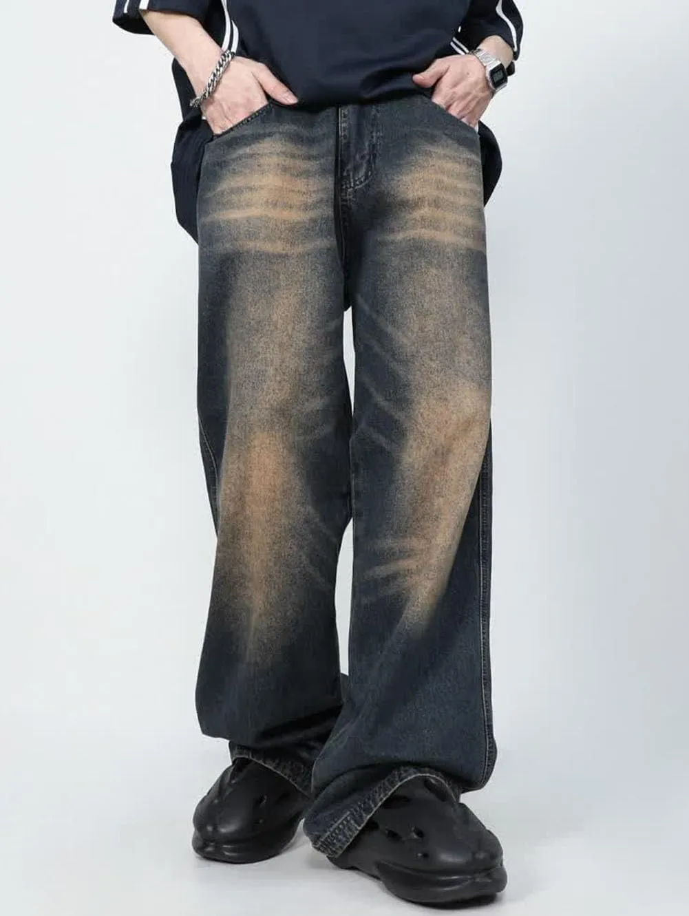 Mens Jeans Straight Leg Relaxed Fit Washed Trendy Y2K Hip Hop Going Out Denim Pants