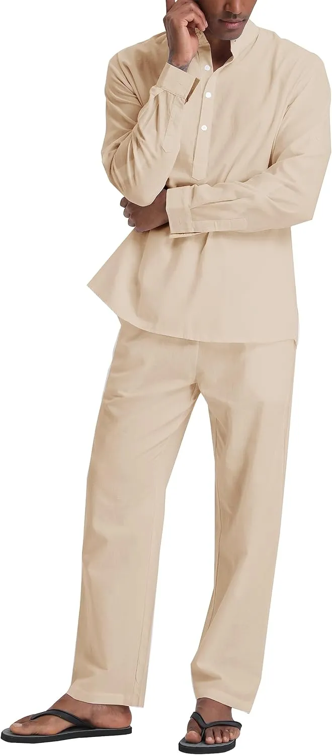 Men's Linen Sets Henley Shirts 2 Piece Vacation Outfits Beach Clothes Casual Suit Long Sleeve Shirt Yoga Pants Summer