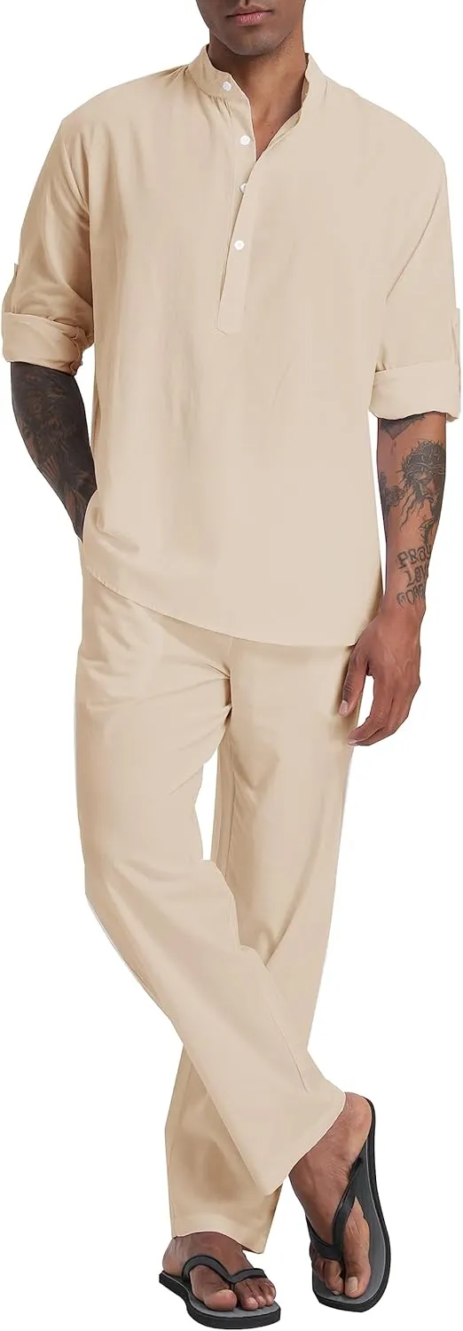 Men's Linen Sets Henley Shirts 2 Piece Vacation Outfits Beach Clothes Casual Suit Long Sleeve Shirt Yoga Pants Summer