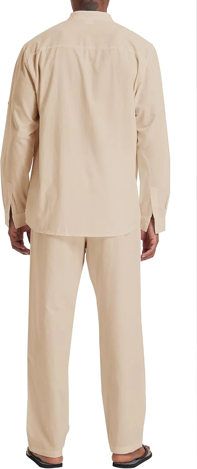Men's Linen Sets Henley Shirts 2 Piece Vacation Outfits Beach Clothes Casual Suit Long Sleeve Shirt Yoga Pants Summer