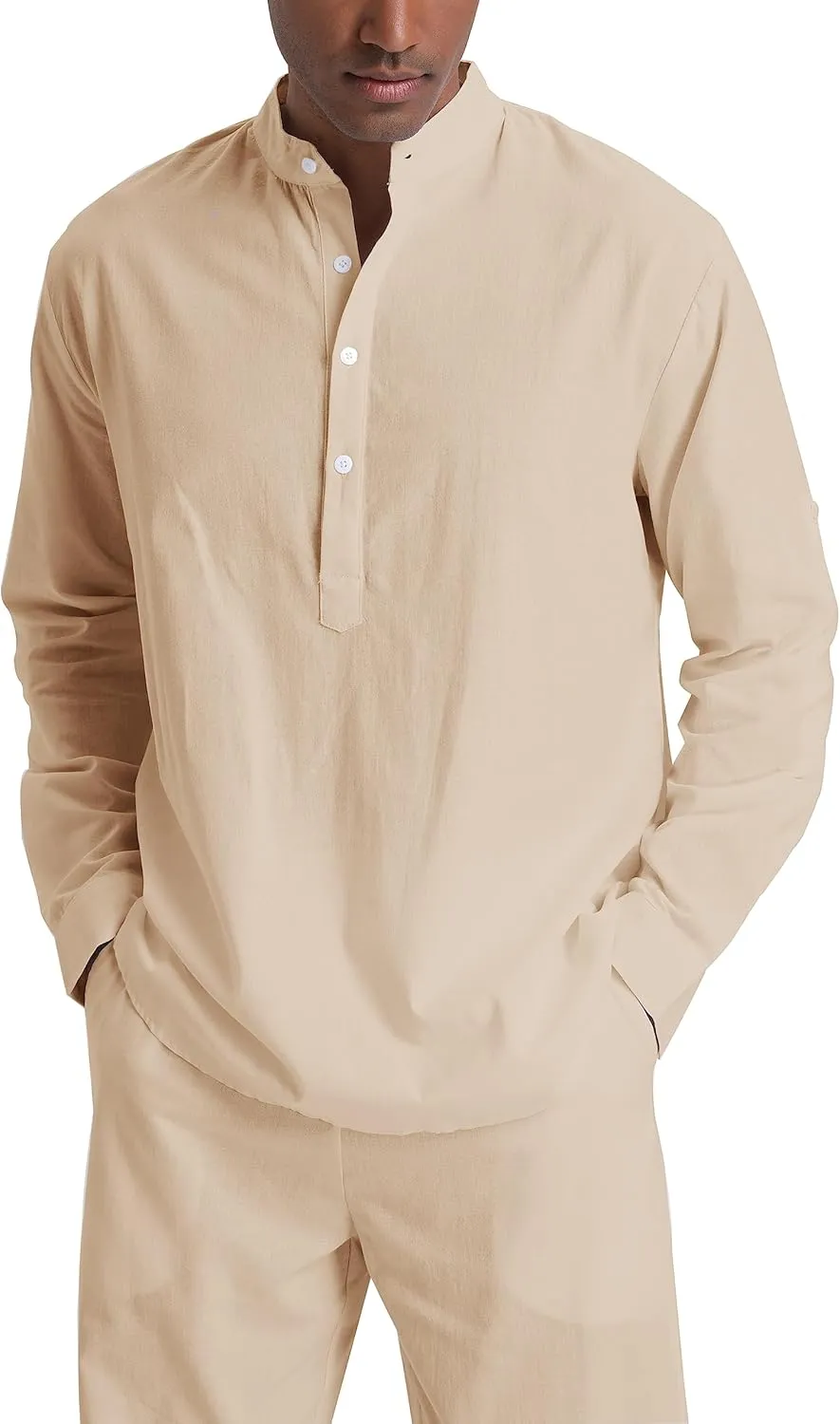 Men's Linen Sets Henley Shirts 2 Piece Vacation Outfits Beach Clothes Casual Suit Long Sleeve Shirt Yoga Pants Summer