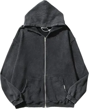 Men's Zip Up Acid Wash Hoodie Pocket Vintage Old Sweatshirts Jacket Full Zip Vintage Men Hooded Jacket