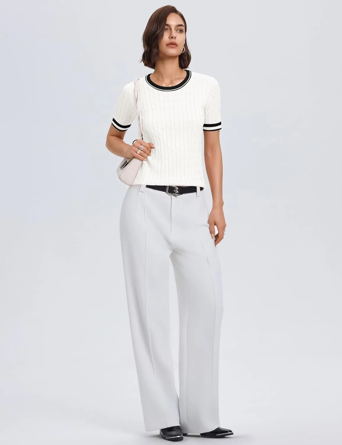 Micoson Womens Short Sleeve Cable Knit Sweater Tops Crewneck Lightweight Spring Summer Shirts Business Dressy Casual Outfits