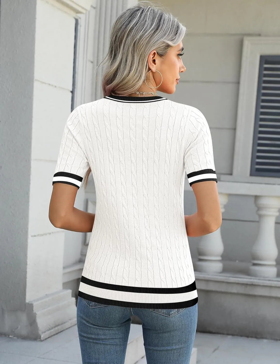 Micoson Womens Short Sleeve Cable Knit Sweater Tops Crewneck Lightweight Spring Summer Shirts Business Dressy Casual Outfits