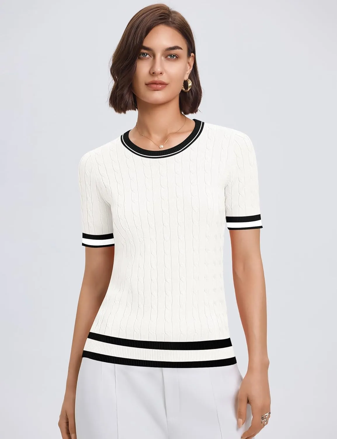 Micoson Womens Short Sleeve Cable Knit Sweater Tops Crewneck Lightweight Spring Summer Shirts Business Dressy Casual Outfits
