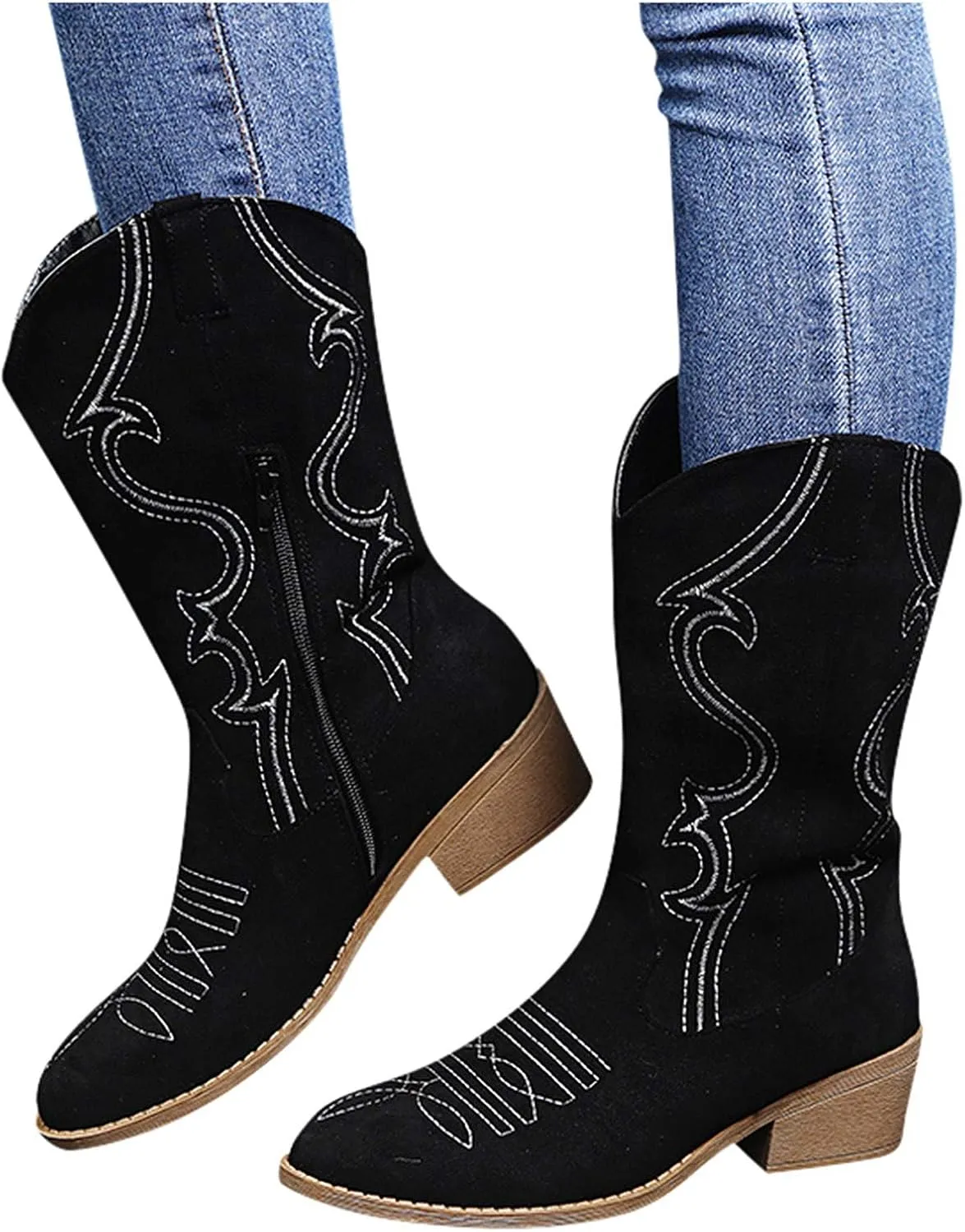 Mid Calf Boots for Women Low Heel,Western Embroidery Cowboy Boots Round Toe Fall Boots with Zip Comfy Walking Shoes