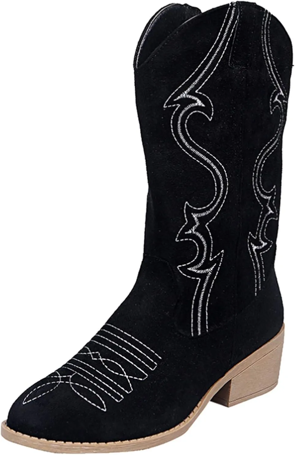 Mid Calf Boots for Women Low Heel,Western Embroidery Cowboy Boots Round Toe Fall Boots with Zip Comfy Walking Shoes