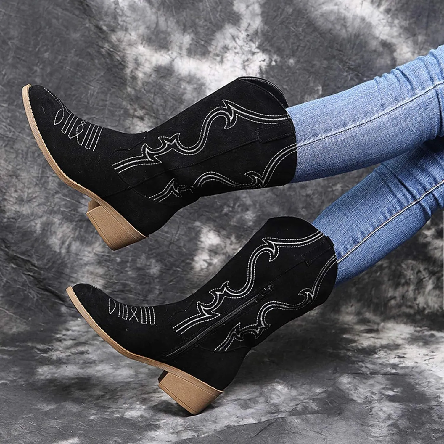 Mid Calf Boots for Women Low Heel,Western Embroidery Cowboy Boots Round Toe Fall Boots with Zip Comfy Walking Shoes