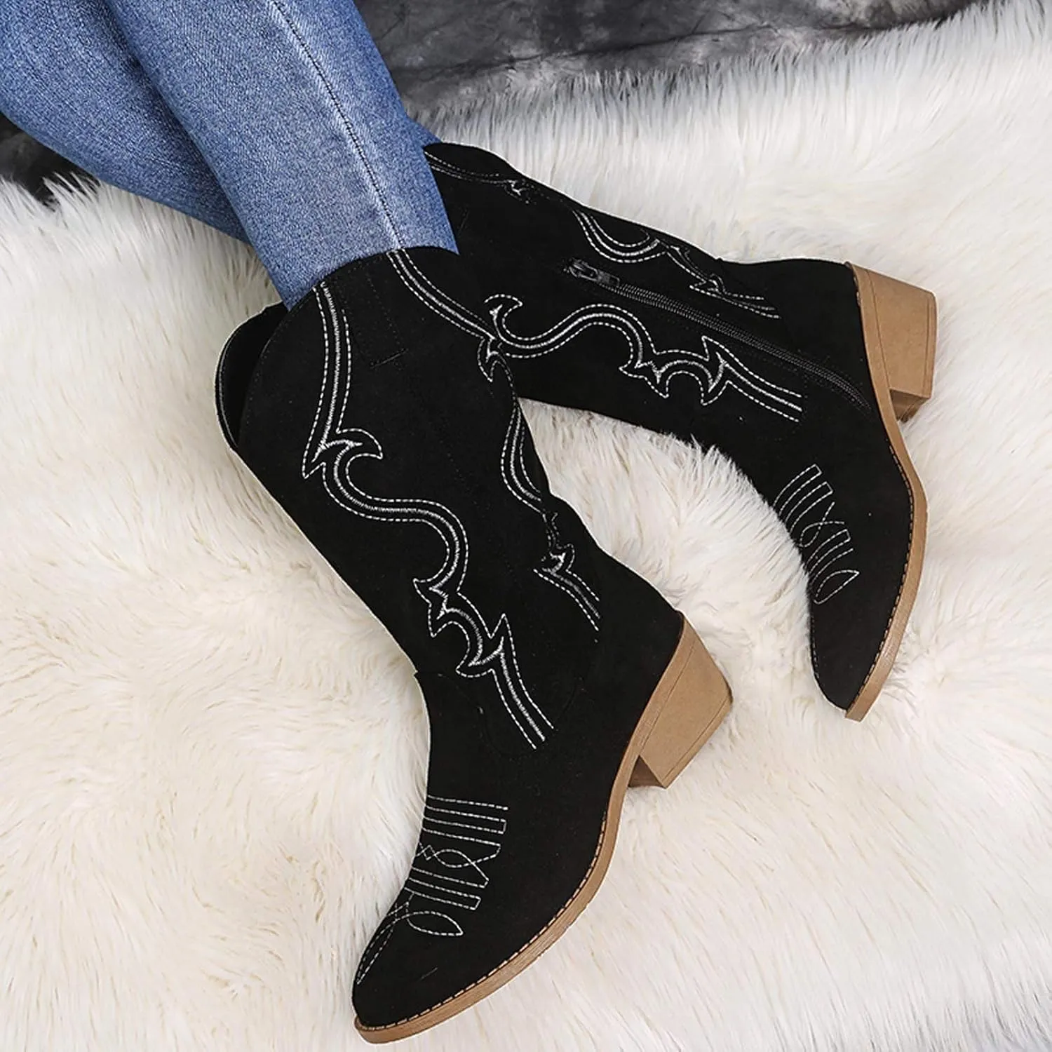 Mid Calf Boots for Women Low Heel,Western Embroidery Cowboy Boots Round Toe Fall Boots with Zip Comfy Walking Shoes