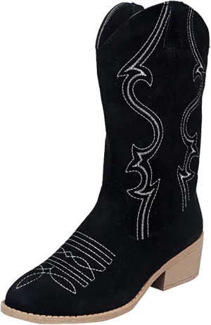 Mid Calf Boots for Women Low Heel,Western Embroidery Cowboy Boots Round Toe Fall Boots with Zip Comfy Walking Shoes