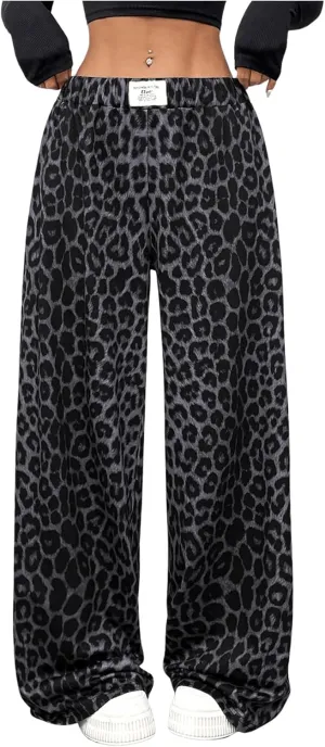 Milumia Women's Leopard Elastic Waist Sweatpants Straight Wide Leg Pant Trousers