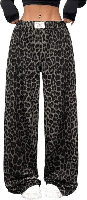 Milumia Women's Leopard Elastic Waist Sweatpants Straight Wide Leg Pant Trousers