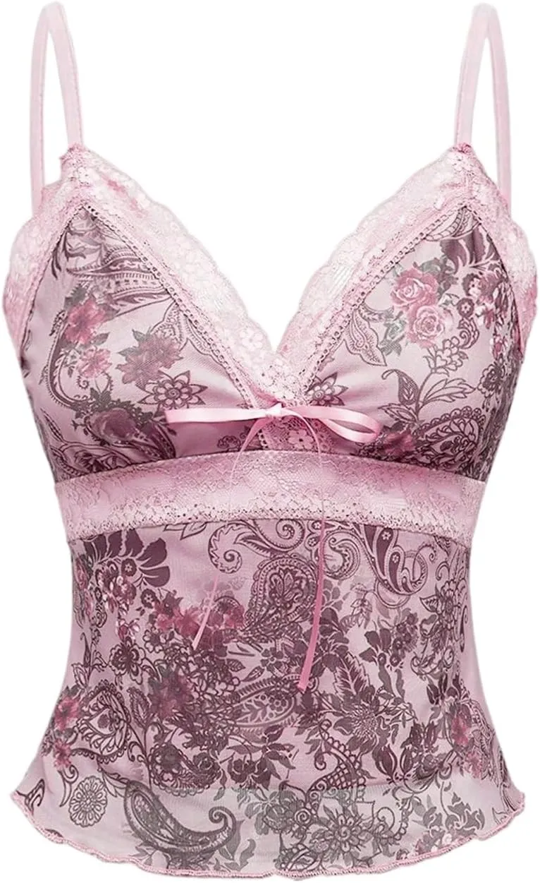 Milumia Women's Vintage Floral Cami Crop Top Lace Trim V Neck Camisoles