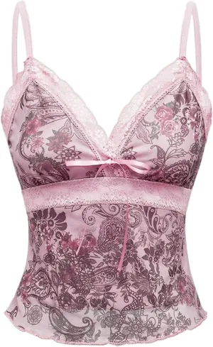 Milumia Women's Vintage Floral Cami Crop Top Lace Trim V Neck Camisoles