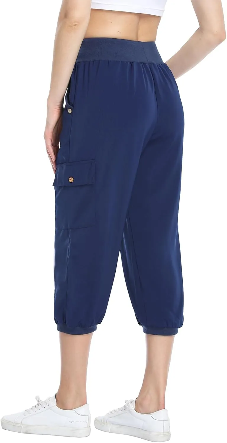 MISS MOLY Women's Cargo Capris Travel Pants Button Decor Summer Loose Harem Sweatpants Stylish Soft with Pockets